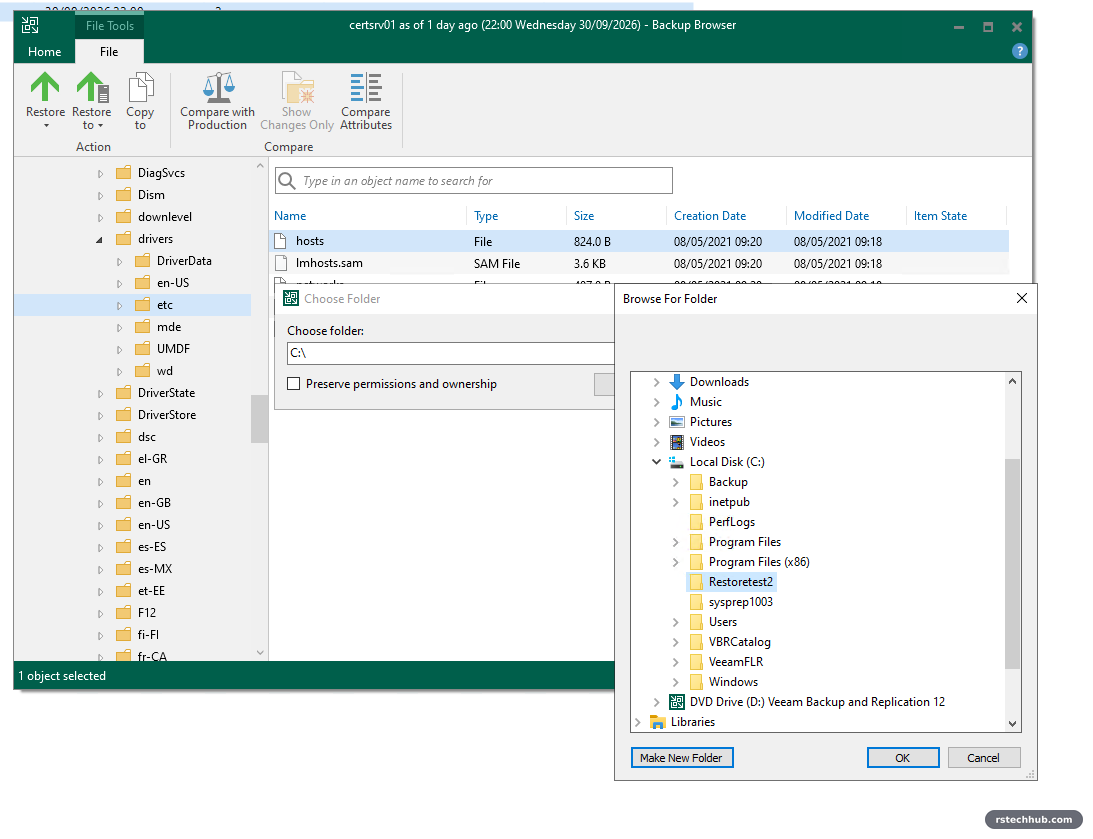 Backup Browser showing the hosts file from certsrv01 as of the snapshot
