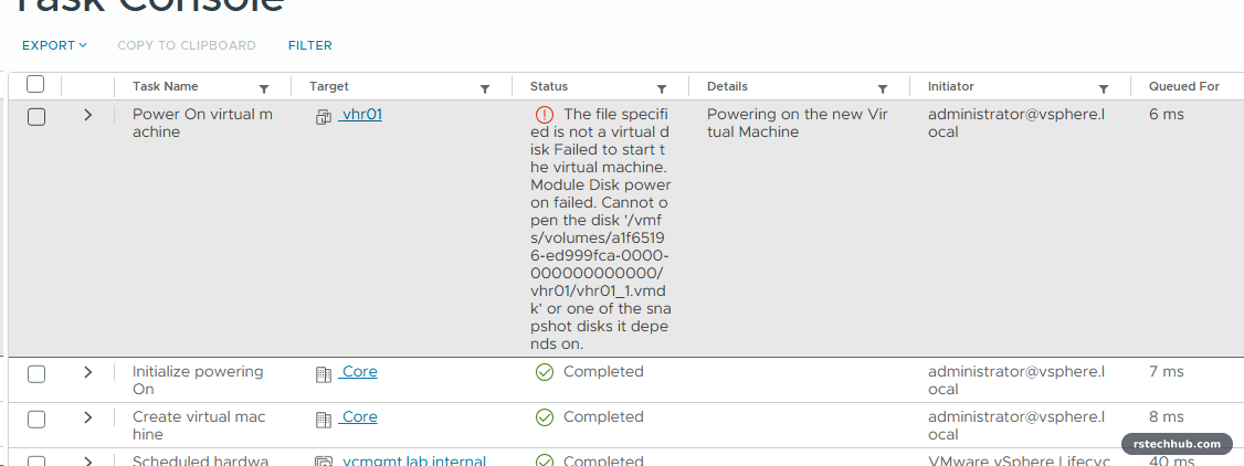 vSphere task: failed to power on, the file specified is not a virtual disk