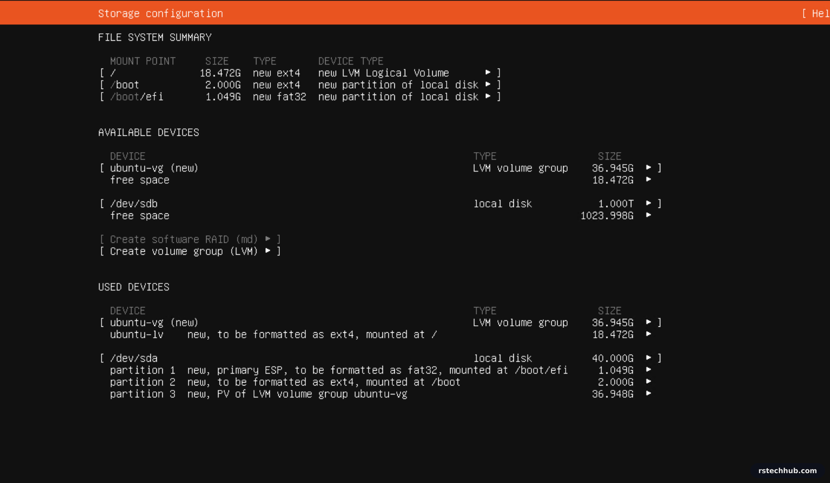 Ubuntu storage configuration: OS on the 40 GB disk, 1 TB disk left unused