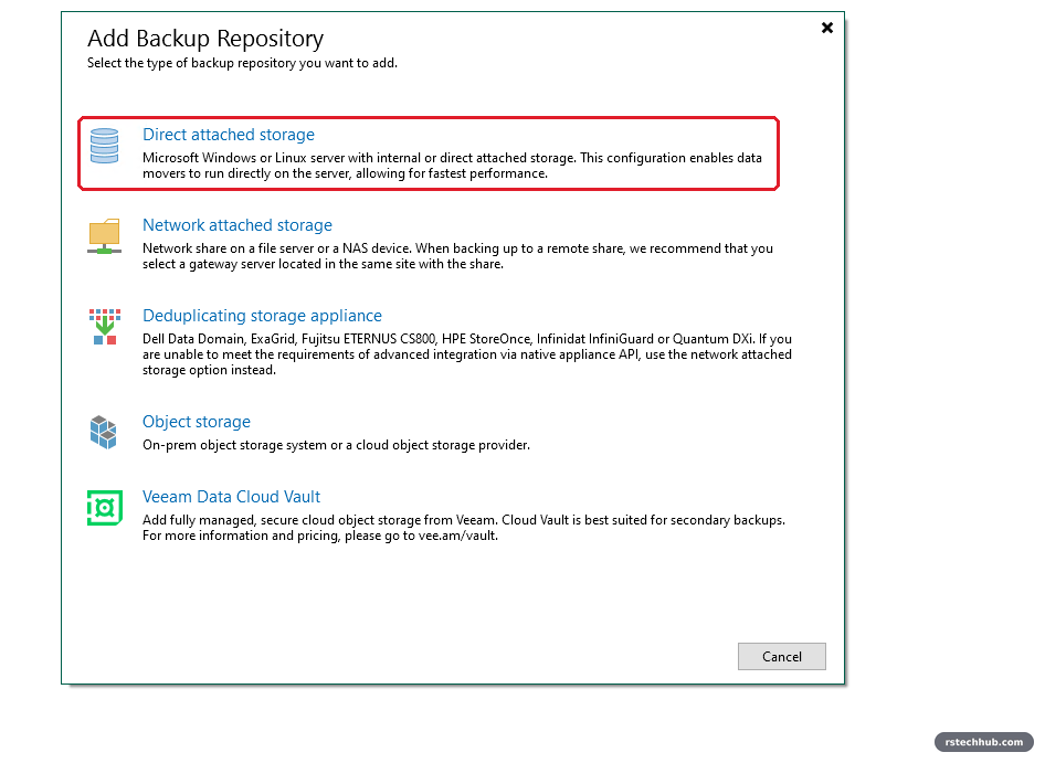 Add backup repository: direct attached storage