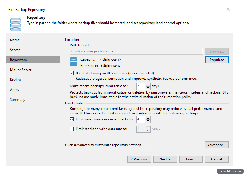 Repository settings: fast cloning on XFS, immutable for 7 days