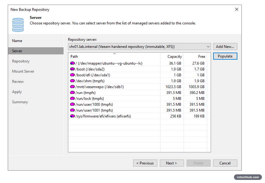 Populate: choose the XFS mount, not the OS disk