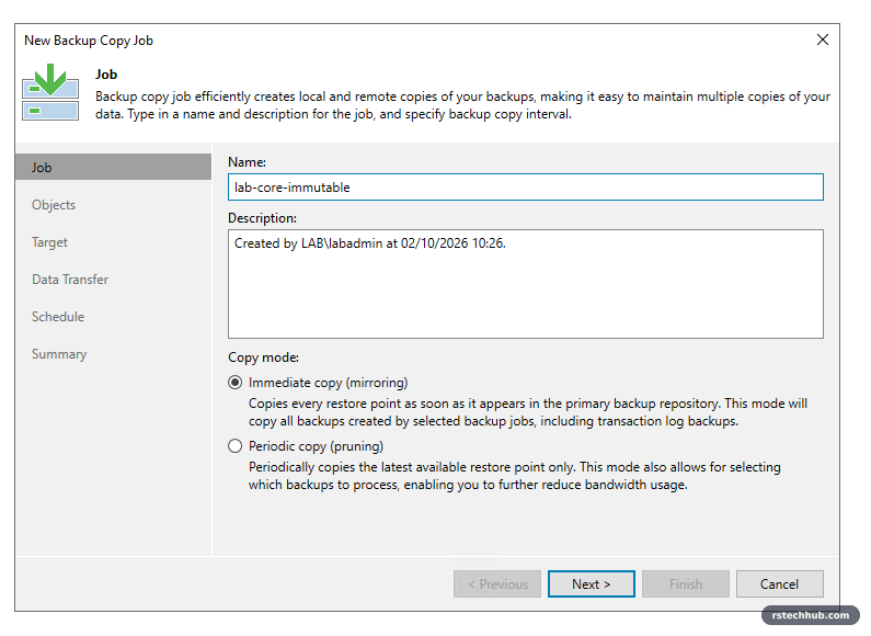 New backup copy job in immediate copy mode