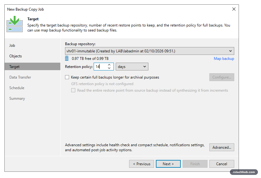 Backup copy target: hardened repository, 14 days retention