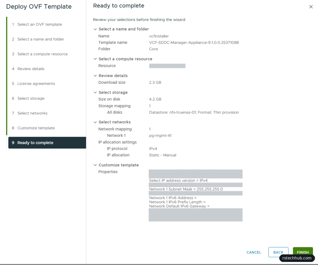 VCF Installer 9.1.0 OVF deployment summary in vCenter