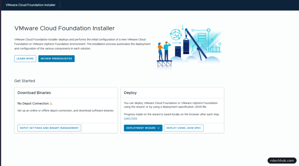 VCF Installer 9.1 home page showing No Depot Connection