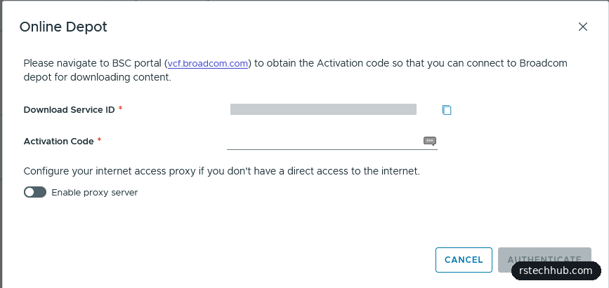 VCF Installer 9.1 Online Depot dialog asking for an activation code