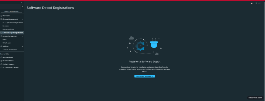 Software Depot Registrations page in the VCF Business Services console