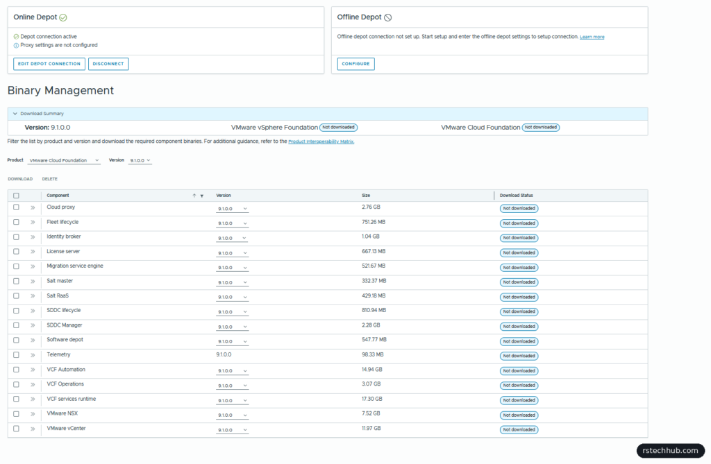 VCF Installer binary list with all components set to 9.1.0.0