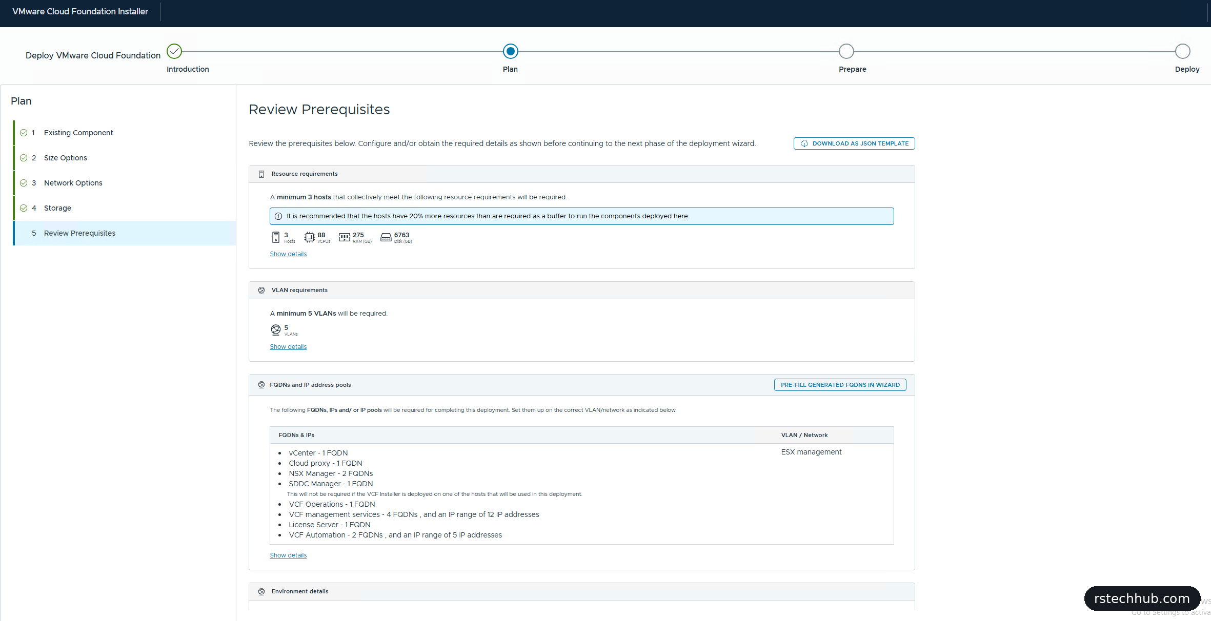 VCF Installer 9.1 review prerequisites page