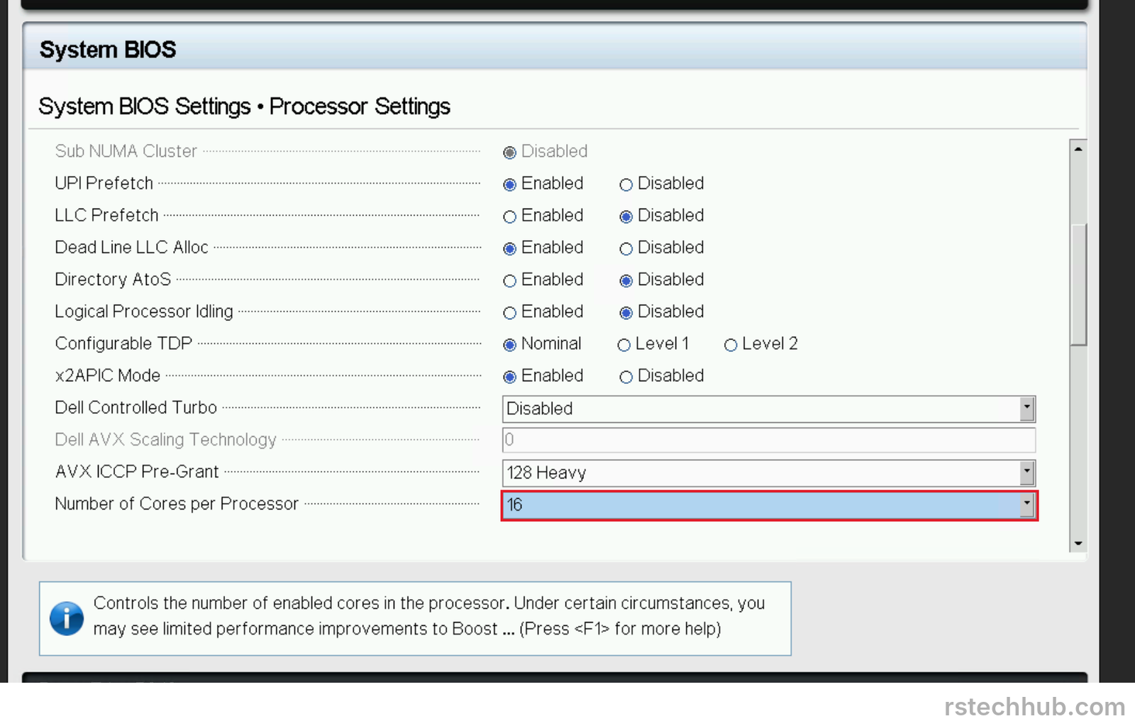 Dell BIOS Processor Settings with Number of Cores per Processor set to 16