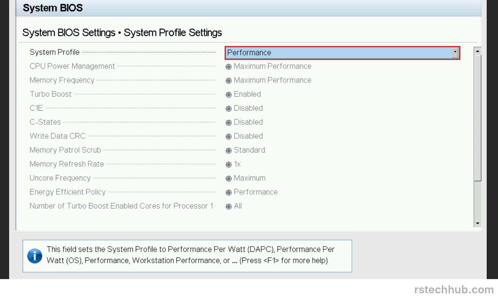 Dell BIOS System Profile set to Performance