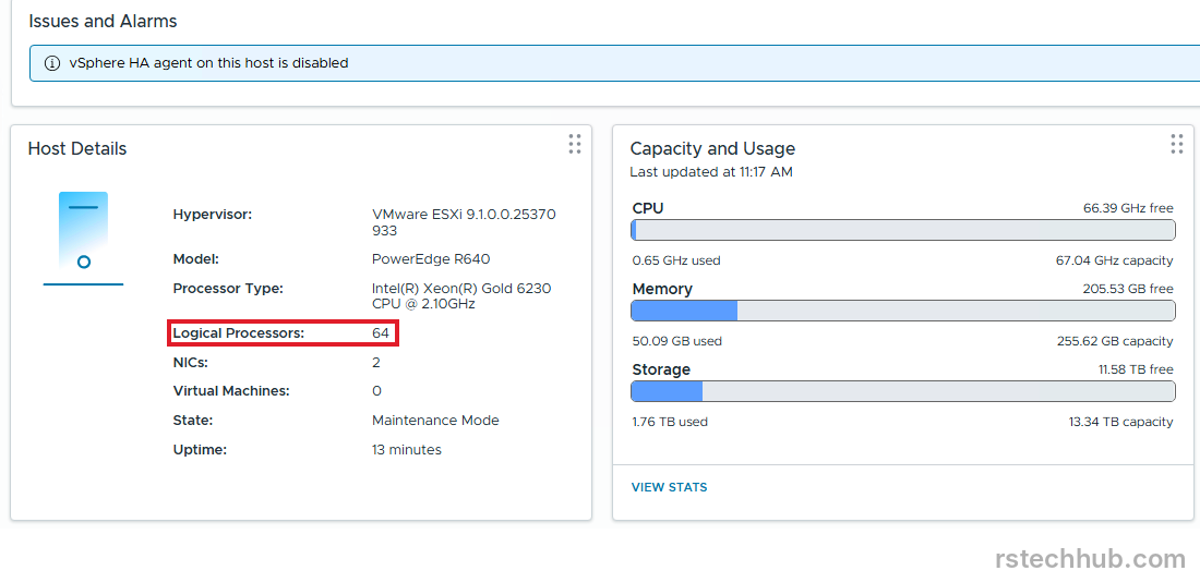 Host Summary showing 64 logical processors