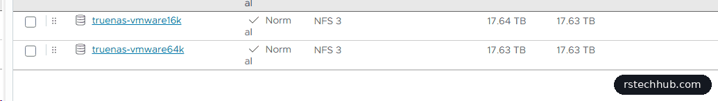 vCenter datastore list with truenas-vmware16k and truenas-vmware64k, both NFS 3