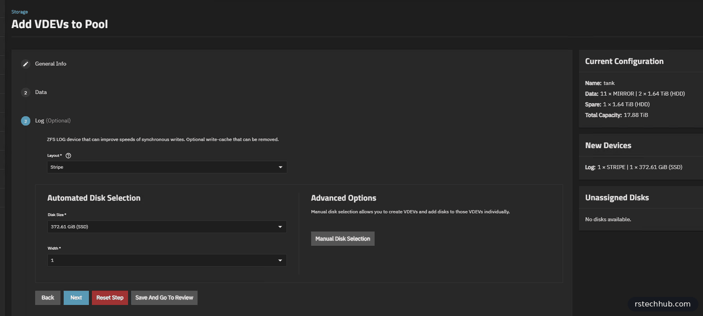 TrueNAS Add VDEVs to Pool wizard, Log step with one 372.61 GiB SSD as a stripe