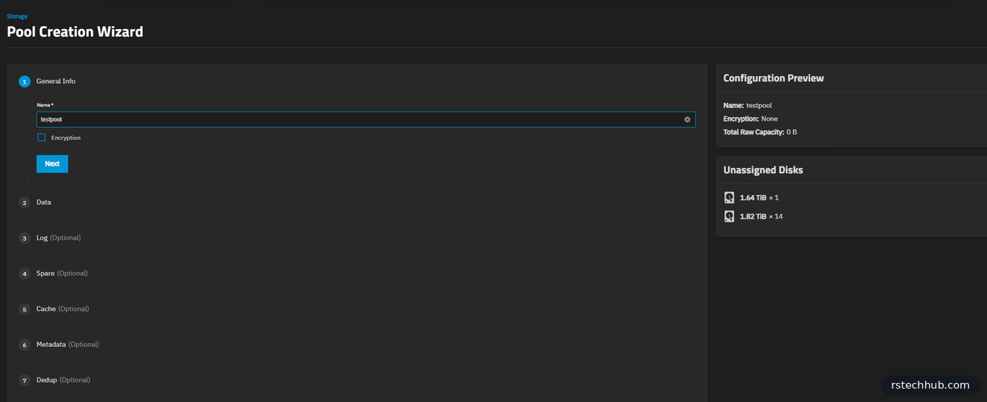 TrueNAS pool creation wizard listing the unassigned disks