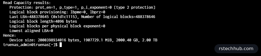 sg_readcap output showing prot_en=1, type 2 protection, 4096-byte logical blocks
