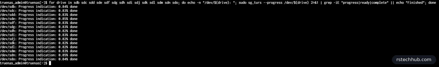 sg_turs progress output, every drive at about 0.83 percent