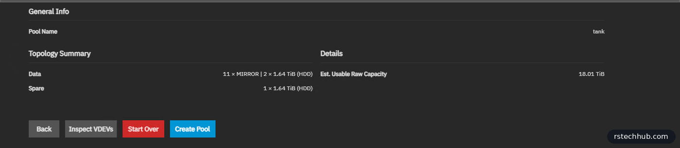 TrueNAS pool wizard review: pool tank, 11 x mirror, 1 spare, 18.01 TiB