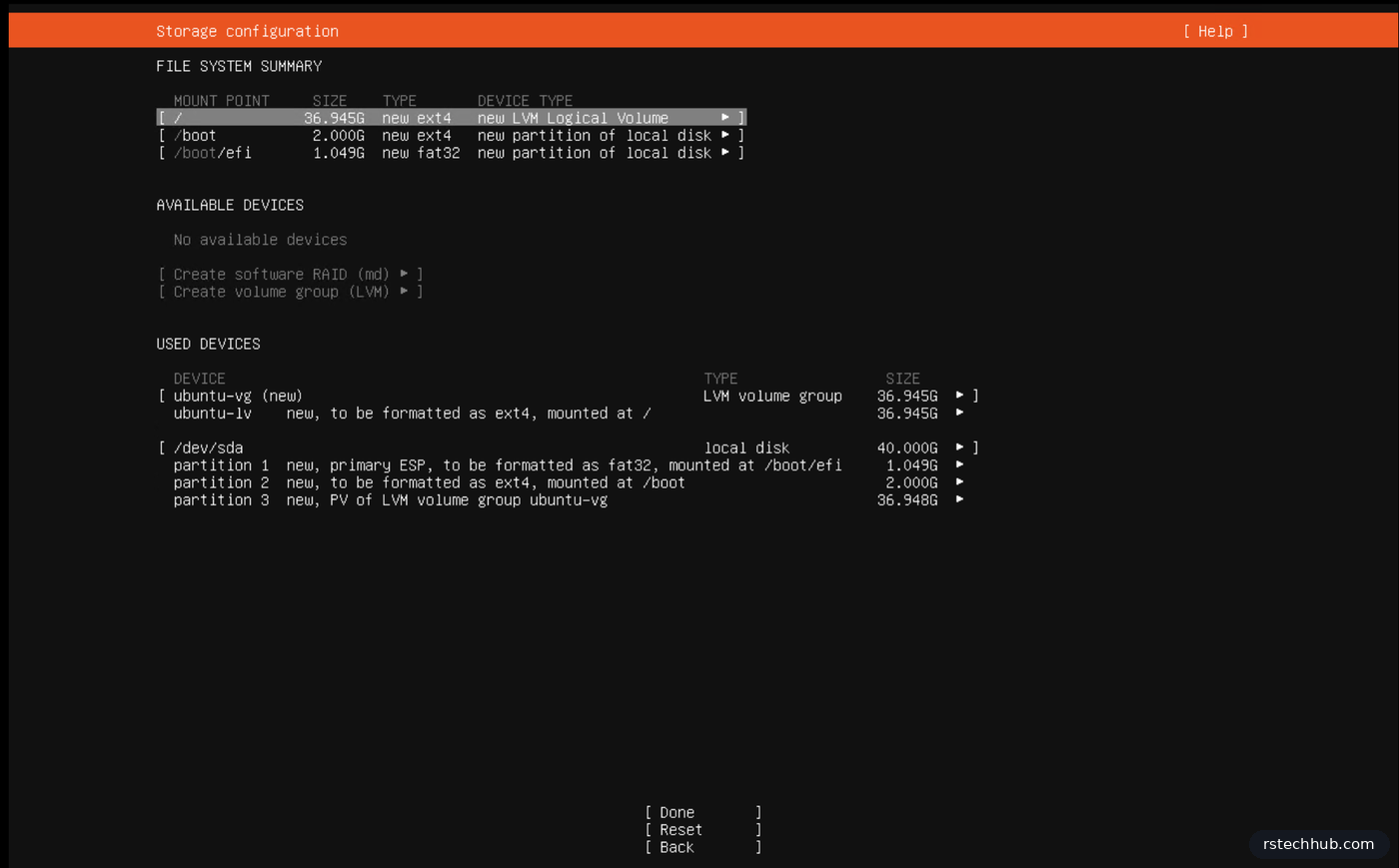 Ubuntu installer storage summary with ubuntu-lv using the full volume group