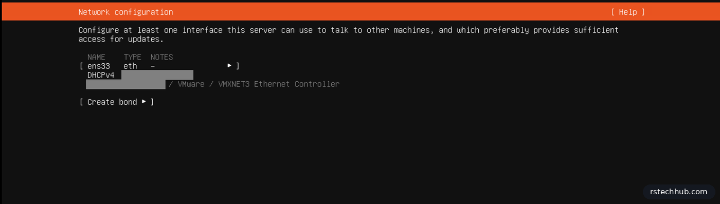 Ubuntu installer network screen with the VMXNET3 adapter on DHCP