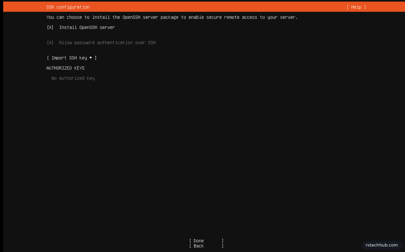 Ubuntu installer SSH configuration with OpenSSH server selected