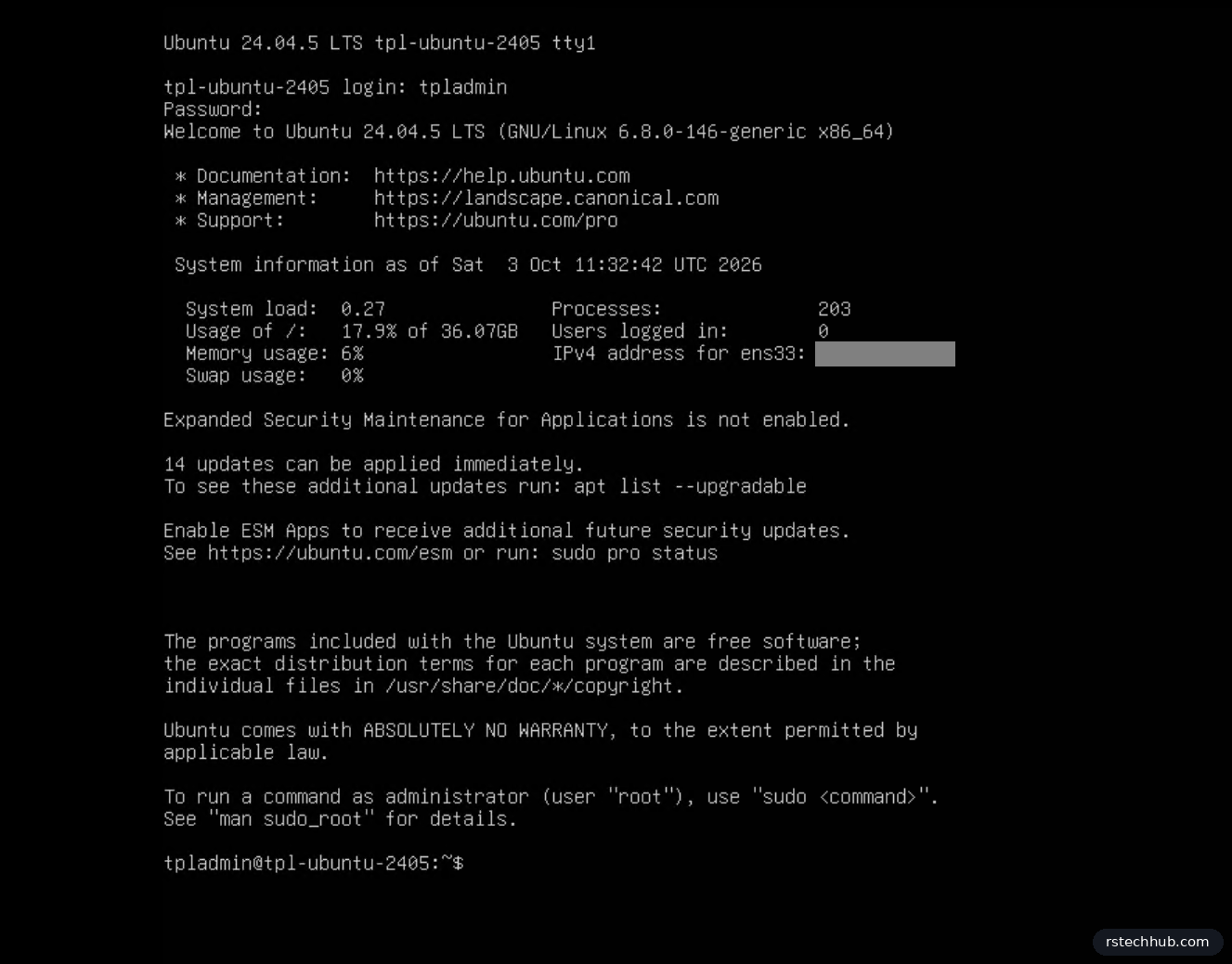 First login on Ubuntu 24.04.5 showing 36 GB root and 14 updates pending