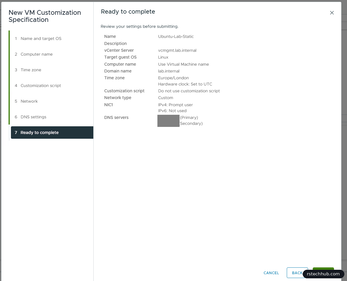 vCenter New VM Customization Specification summary for Ubuntu-Lab-Static