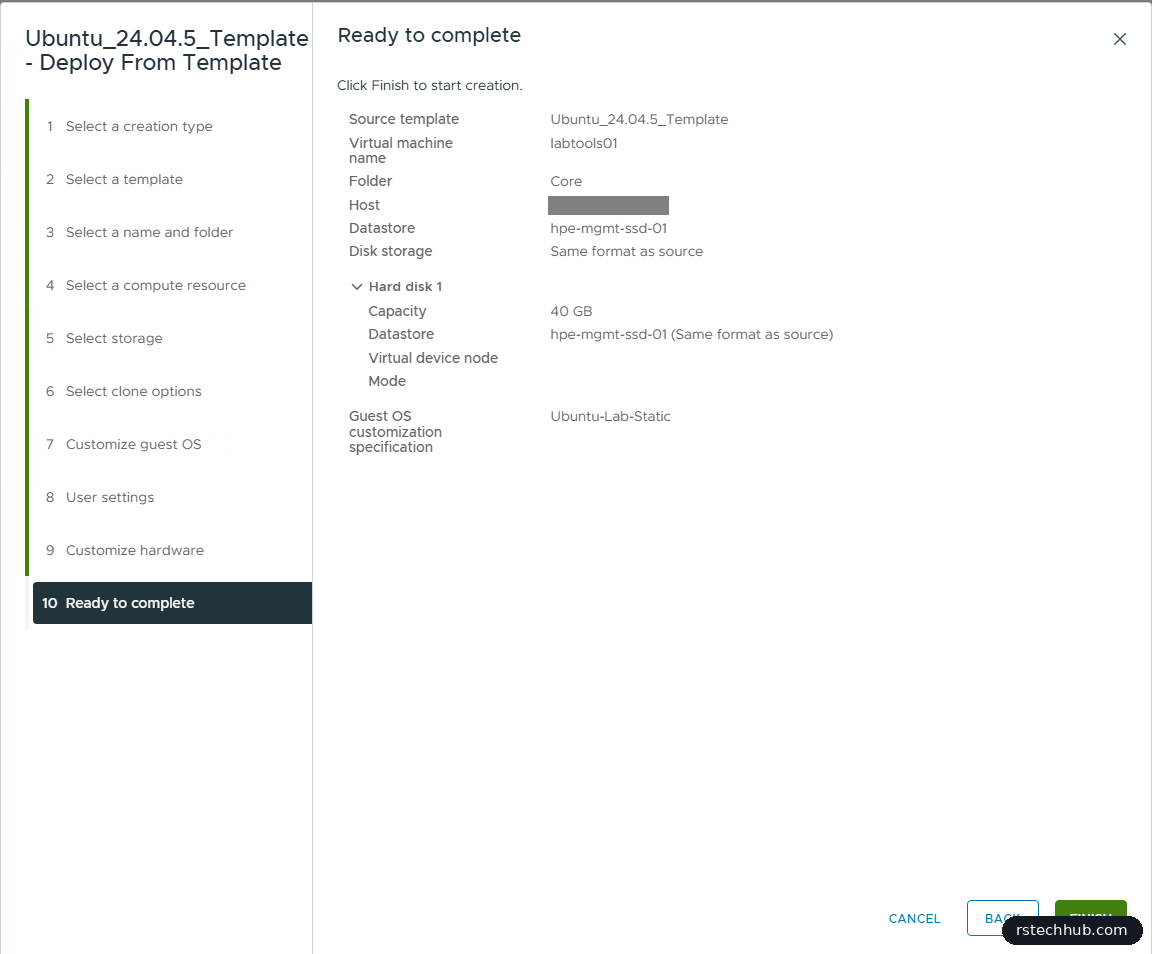 vCenter Deploy From Template summary for labtools01 with the Ubuntu-Lab-Static spec