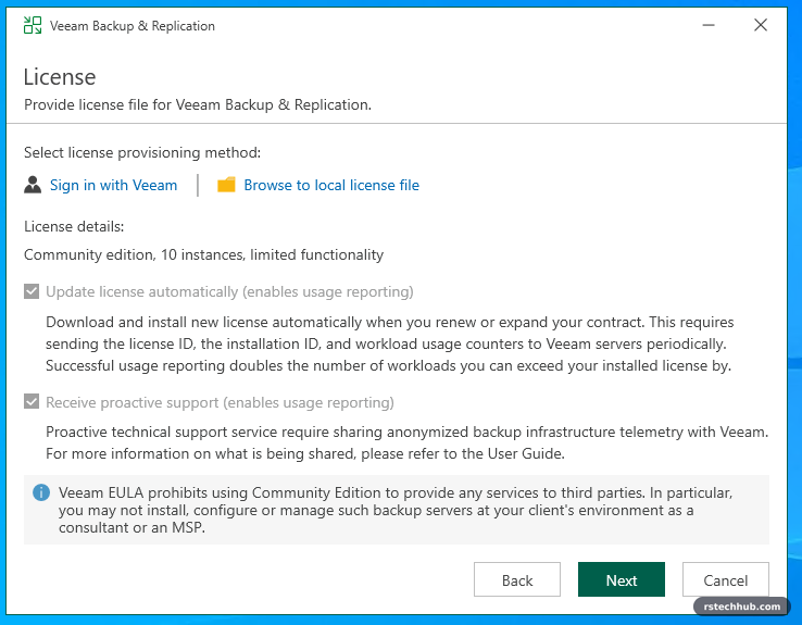 Community Edition, with usage reporting switched on and greyed out