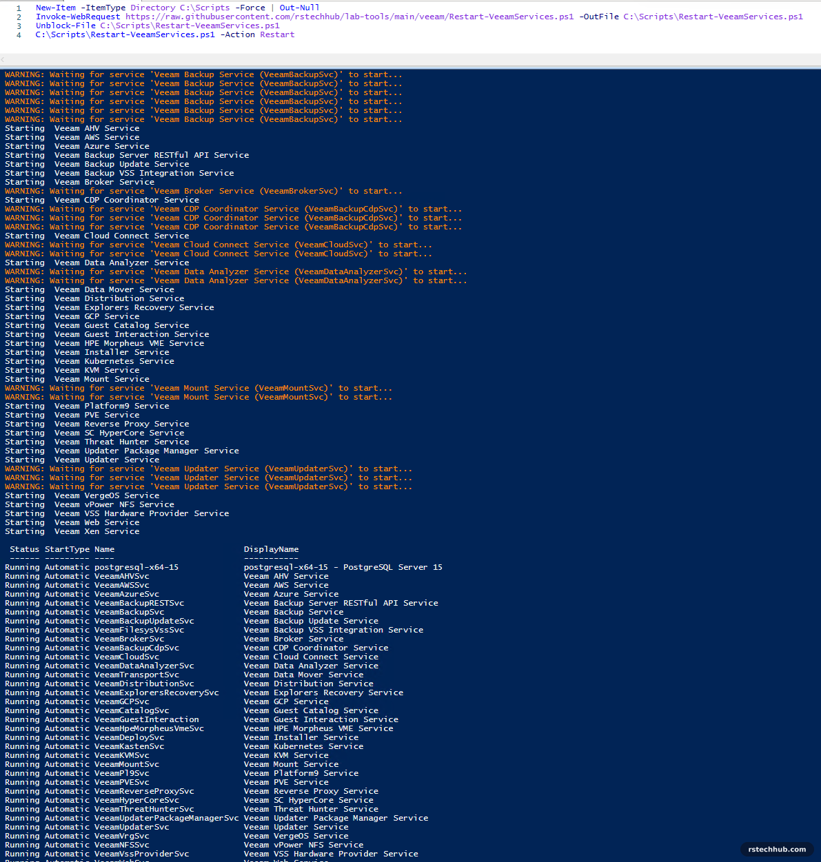 The script on v13.1: database first, then every Veeam service back to Running