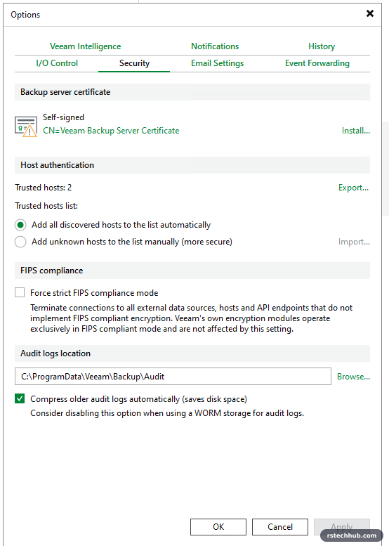 Options, Security: the self-signed backup server certificate