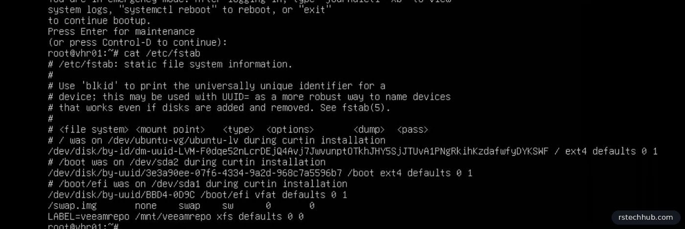 fstab with LABEL=veeamrepo mounted at /mnt/veeamrepo