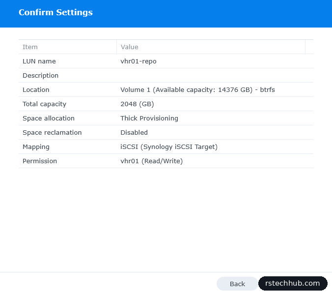 Synology LUN wizard summary: vhr01-repo, 2048 GB, thick provisioning, permission vhr01 read/write