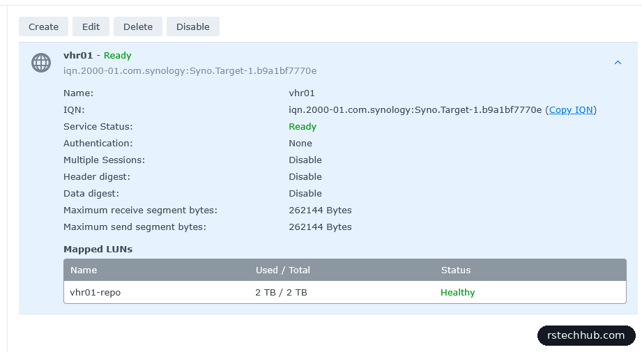 Synology iSCSI target vhr01, Ready, with vhr01-repo mapped