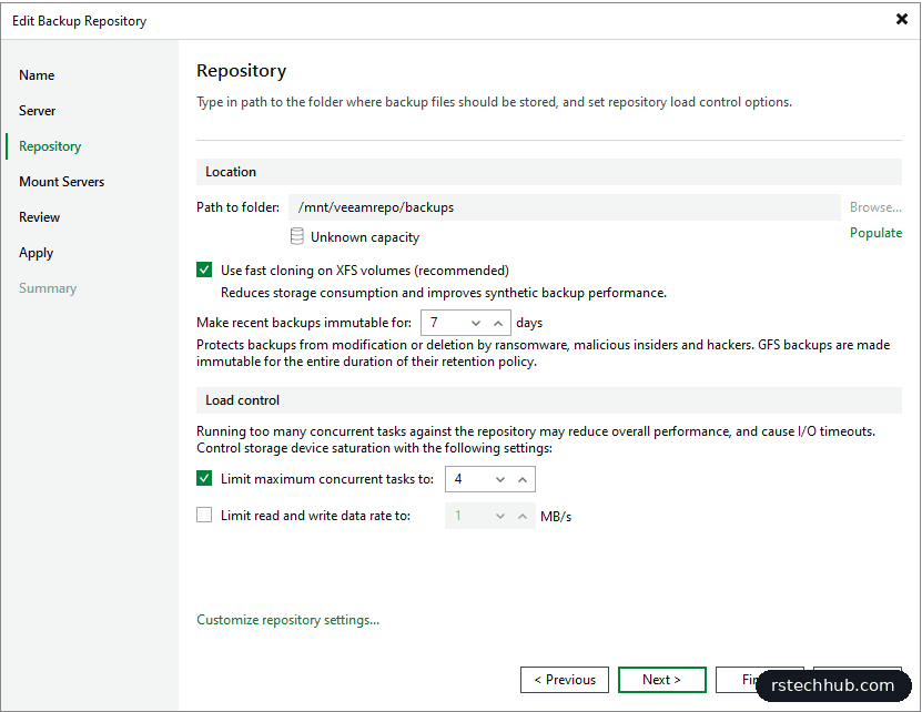 Veeam Edit Backup Repository: path /mnt/veeamrepo/backups, fast cloning on, immutable for 7 days