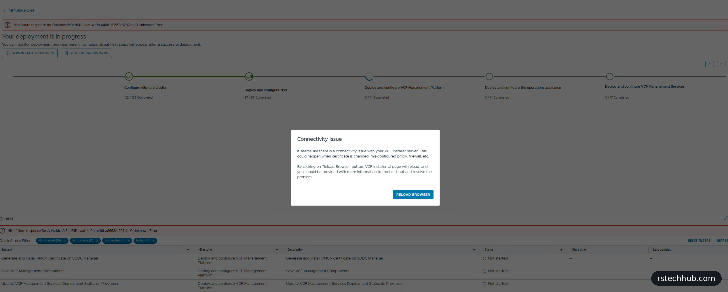 VCF Installer connectivity issue dialog during deployment