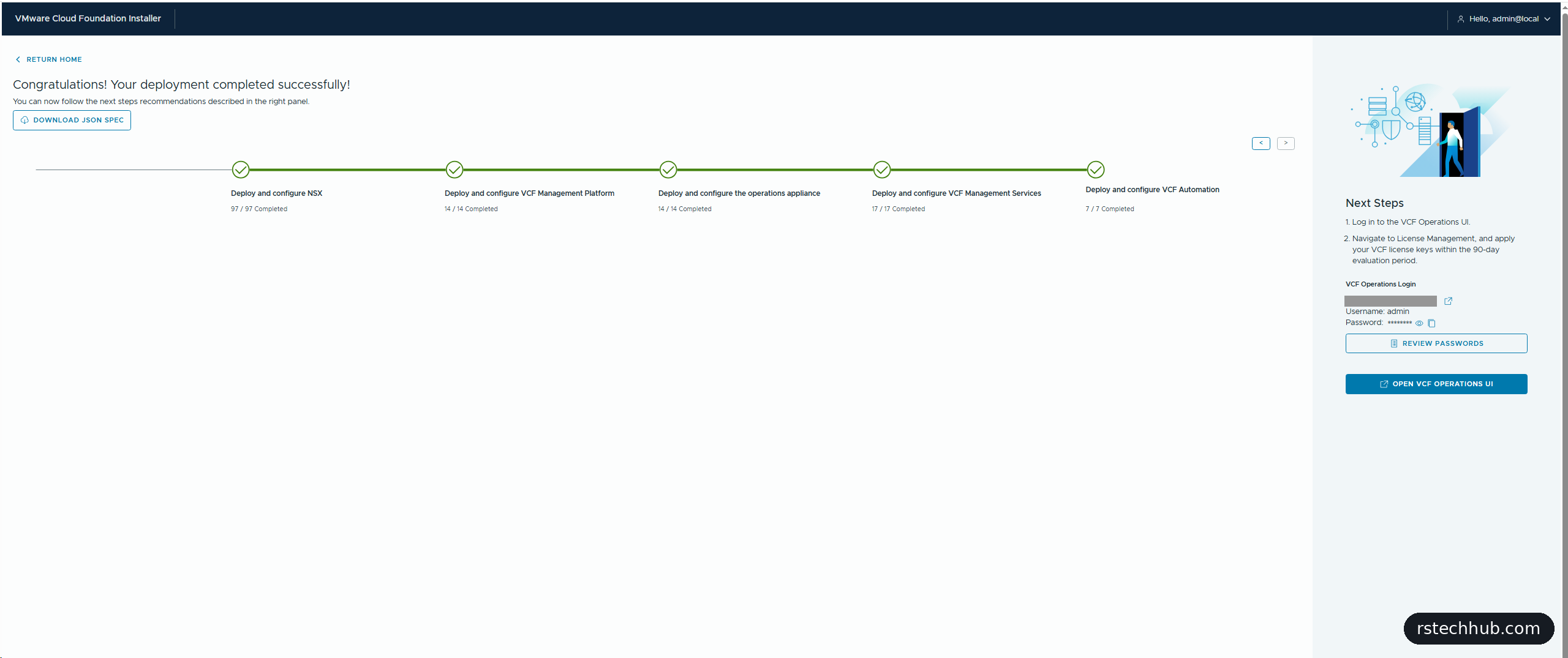VCF Installer 9.1 deployment completed successfully