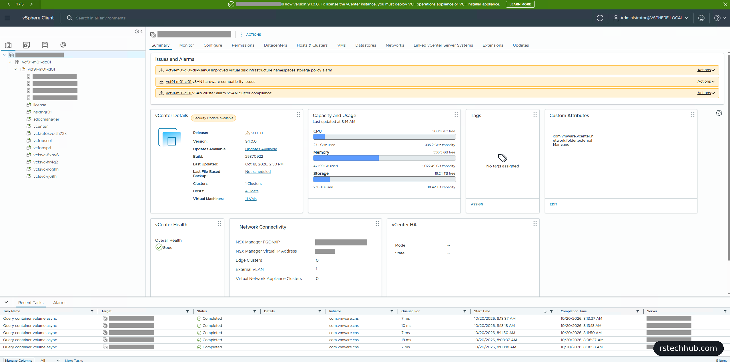 vCenter 9.1 summary after VCF deployment