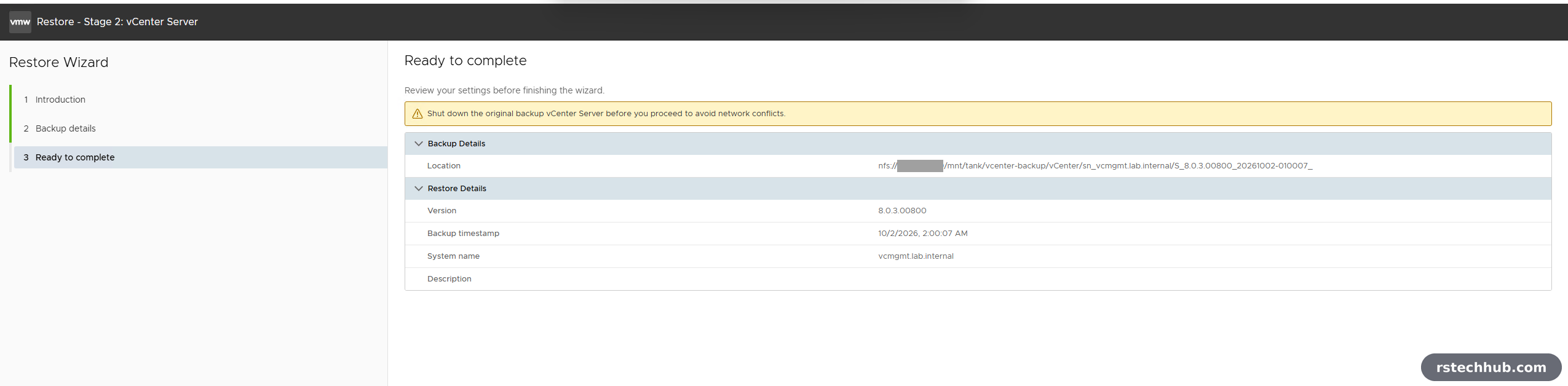 Stage 2 reads the backup metadata from inside the appliance