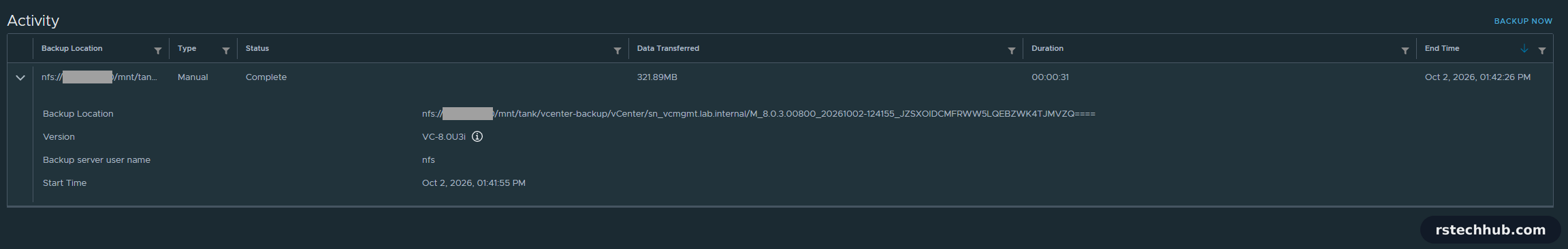 The restored vCenter backing itself up